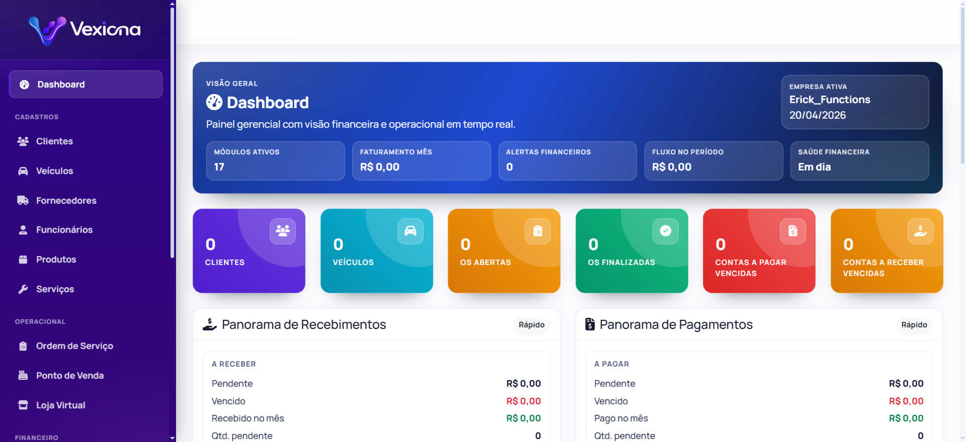 Dashboard Vexiona — visão geral do sistema